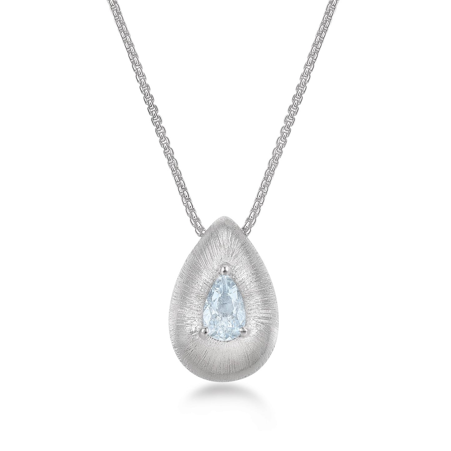 Teardrop-shaped pendant with a blue aquamarine gemstone on a white background