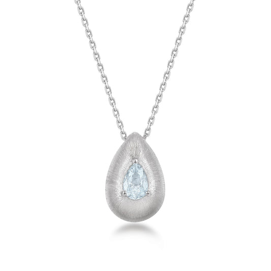 Teardrop-shaped pendant with a blue aquamarine gemstone on a white background