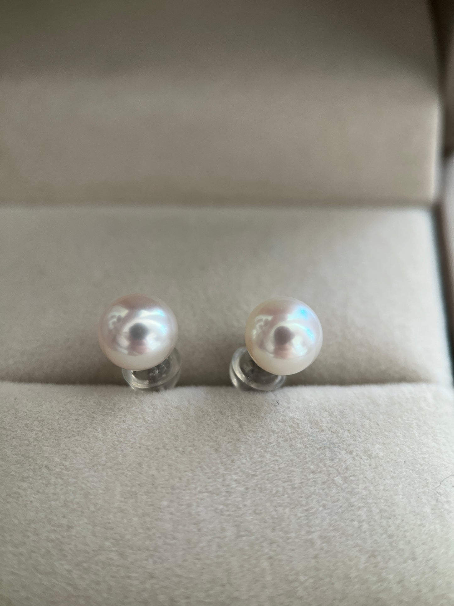 Freshwater pearl stud earrings featuring sterling silver in a jewelry box