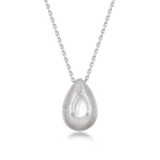 Silver teardrop pendant necklace with white agate gemstone on a white background