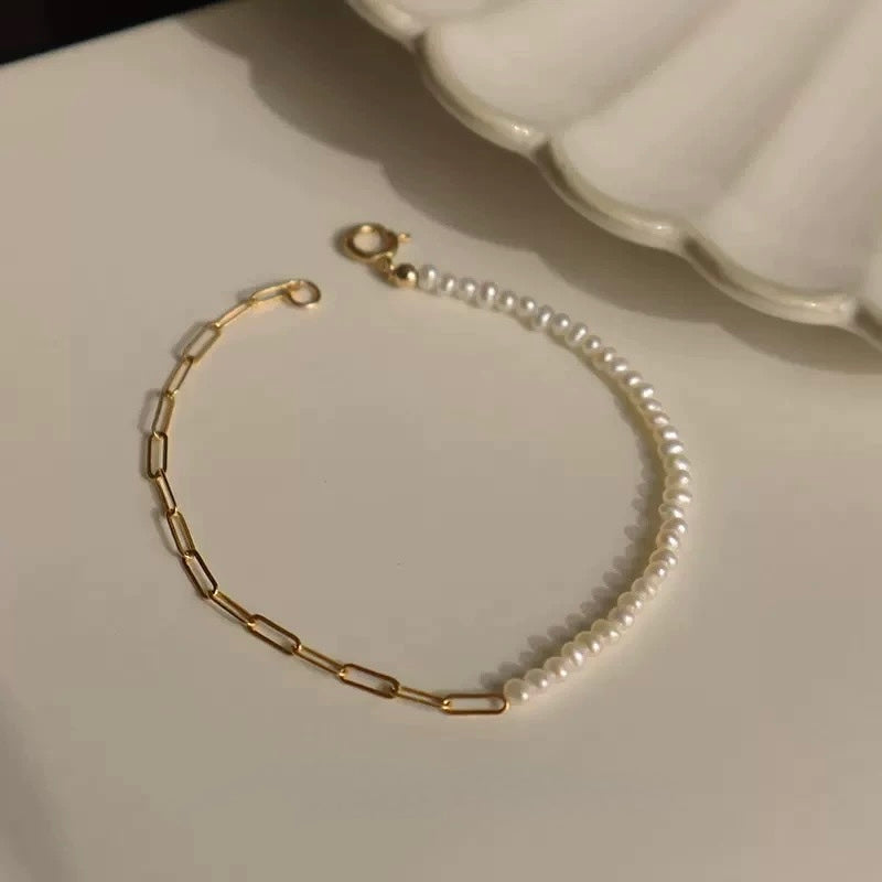 White Freshwater Pearl Bracelet - Half Tide Half Flame featuring pearls and gold-plated chain.