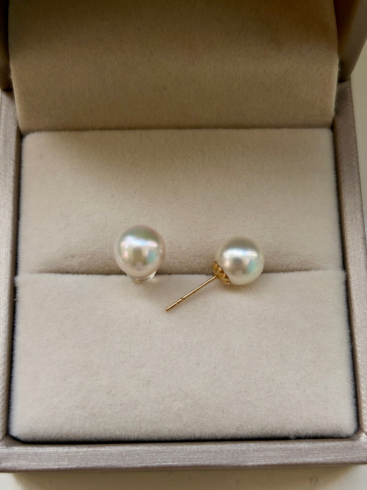 Akoya pearl stud earrings with 18k gold in a jewelry box