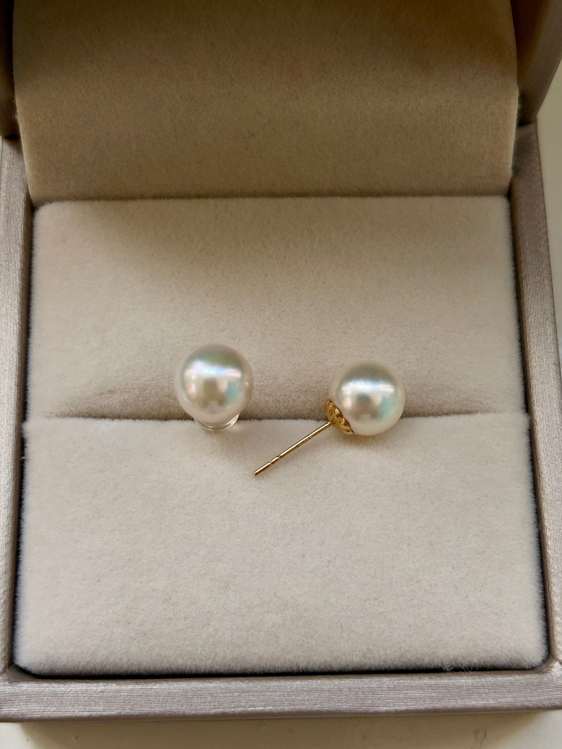 Akoya pearl stud earrings with 18k gold in a jewelry box