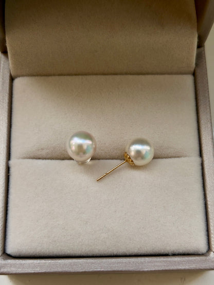 Akoya pearl stud earrings with 18k gold in a jewelry box