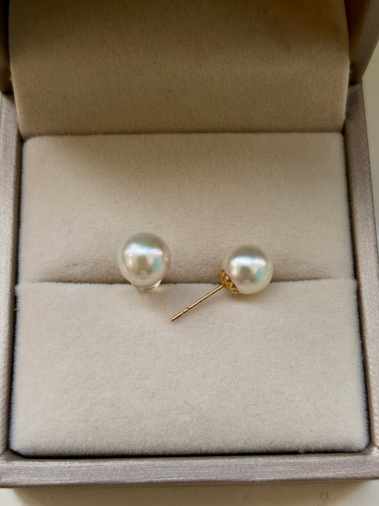 Akoya pearl stud earrings with 18k gold in a jewelry box