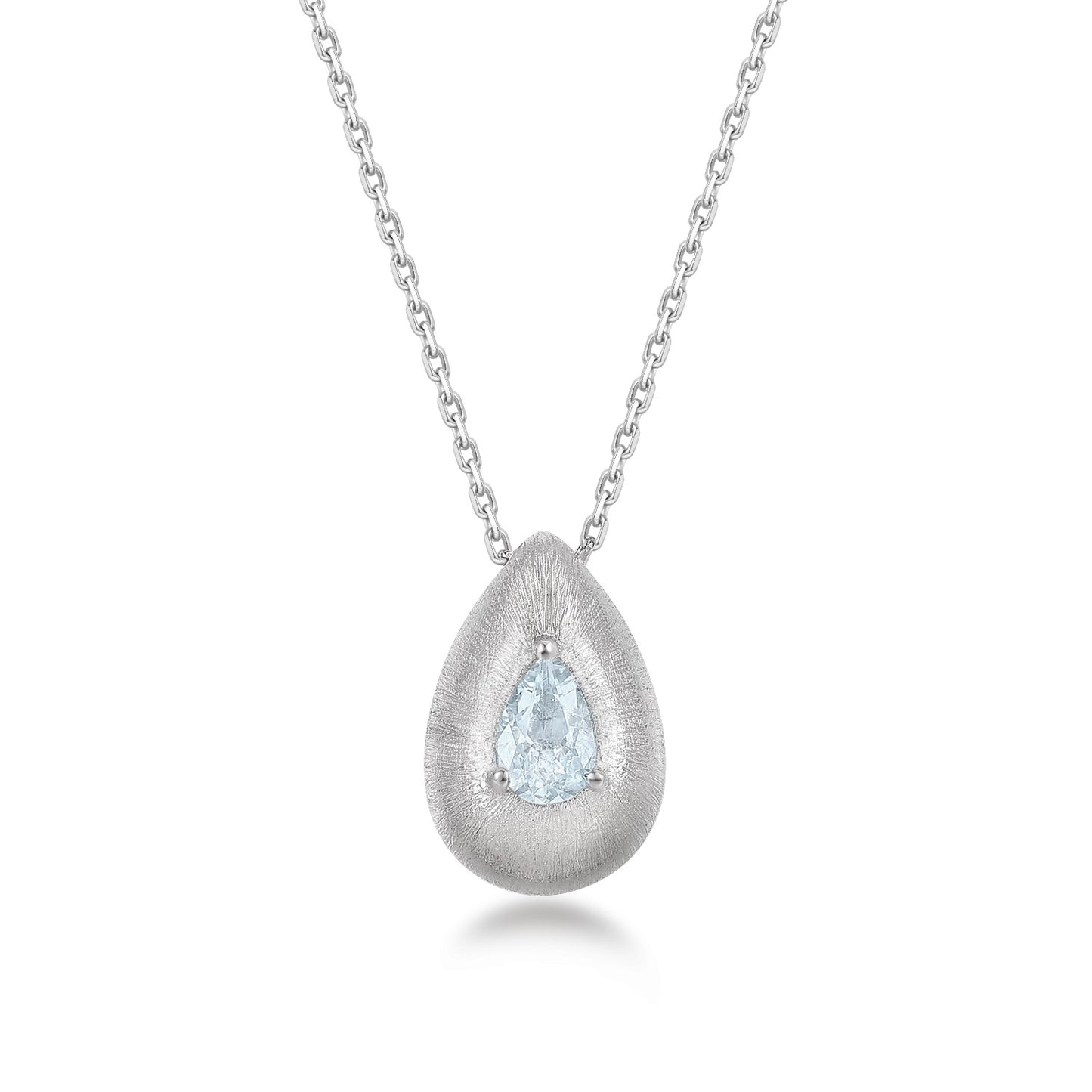 Teardrop-shaped pendant with a blue aquamarine gemstone on a white background