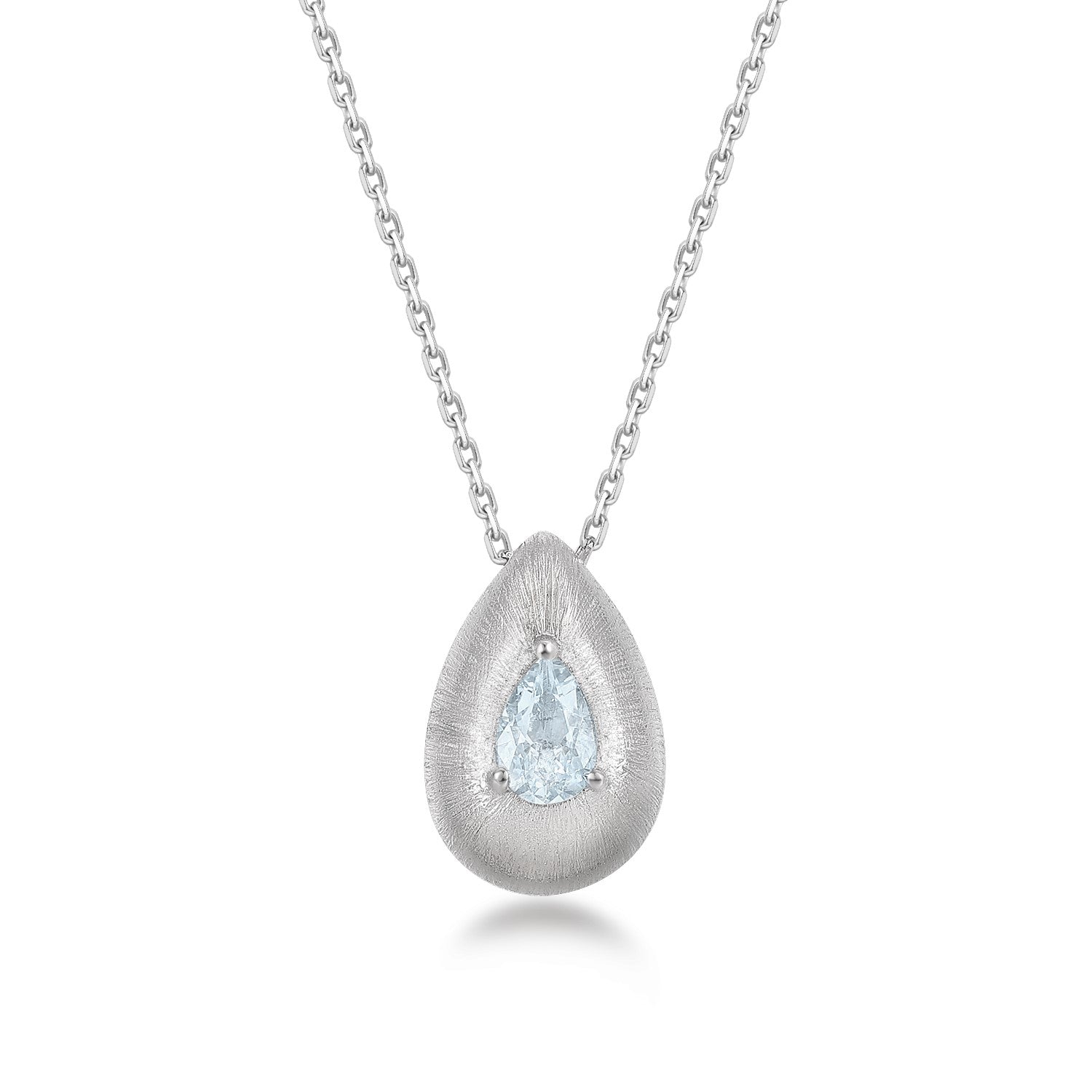 Teardrop-shaped pendant with a blue aquamarine gemstone on a white background