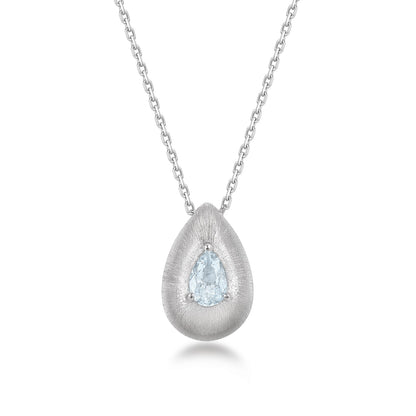 Teardrop-shaped pendant with a blue aquamarine gemstone on a white background