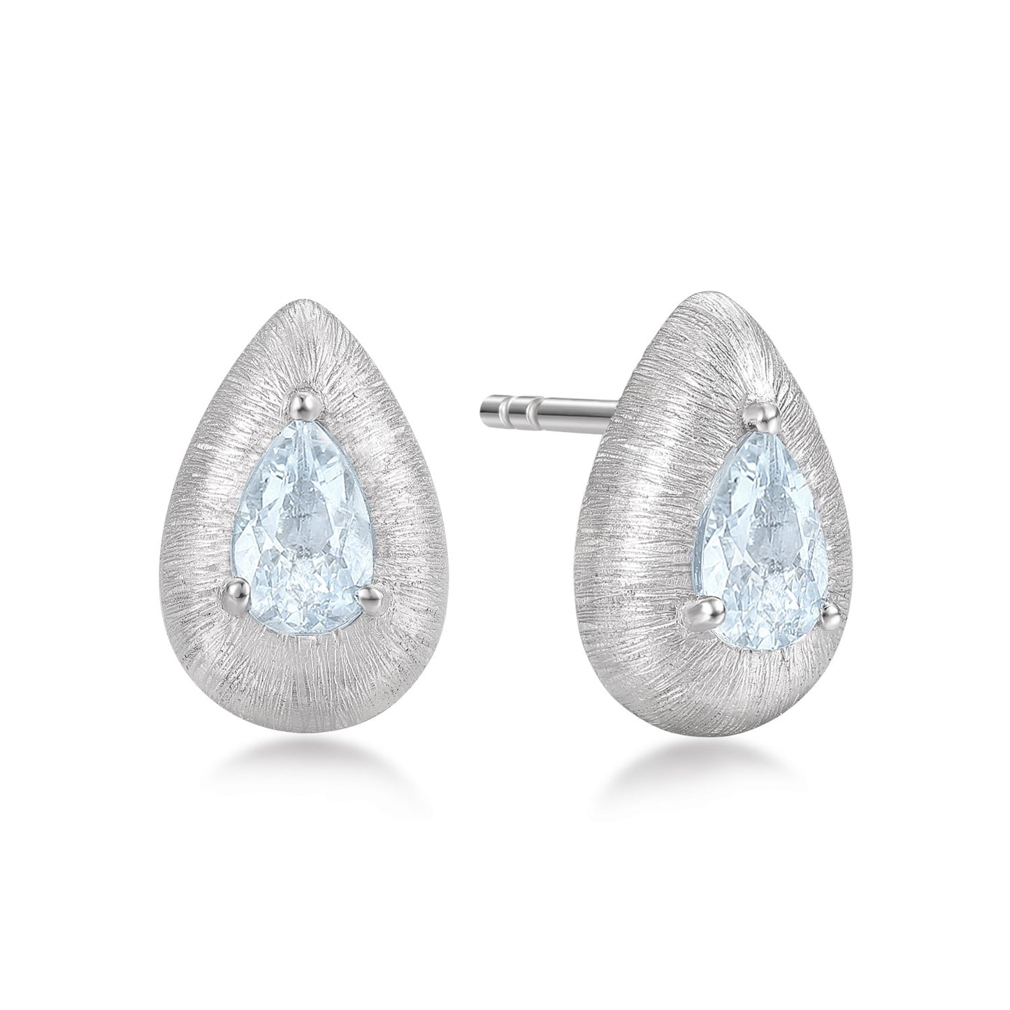 Teardrop-shaped earrings with blue aquamarine gemstones on a white background