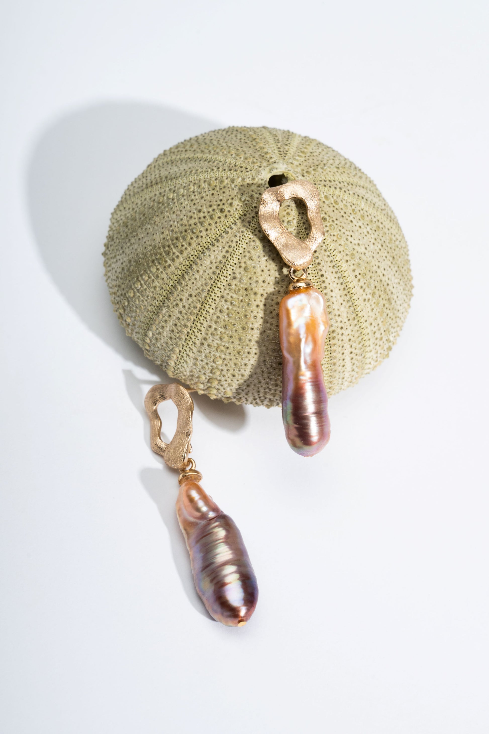 Pair of baroque pearl earrings hanging from a sea urchin on a white background