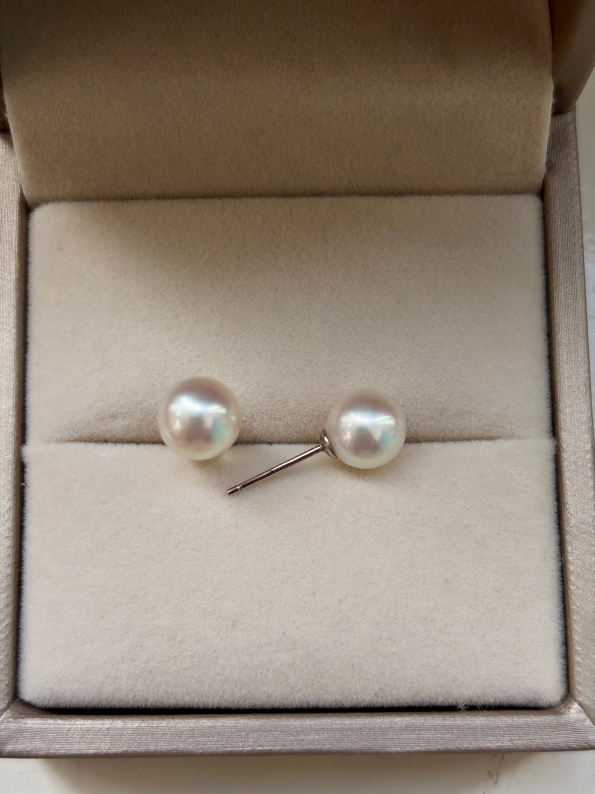 Pair of Freshwater pearl stud earrings featuring sterling silver in a jewelry box