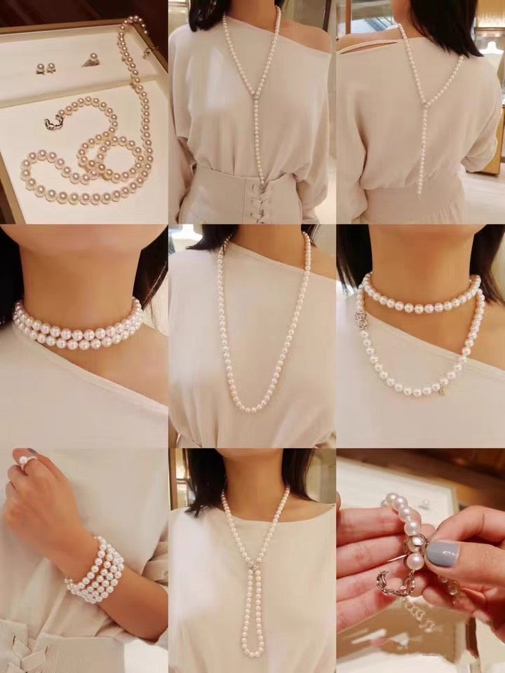 White Round Freshwater Pearl Lariat Necklace styled in various ways, showcasing its versatility and elegance.