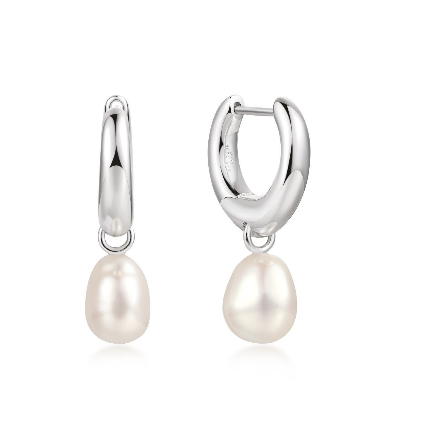 Silver hoop earrings with white pearl drops on a white background