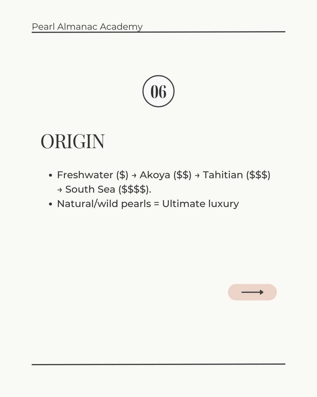 Text on a white background about pearl origins and pricing.
