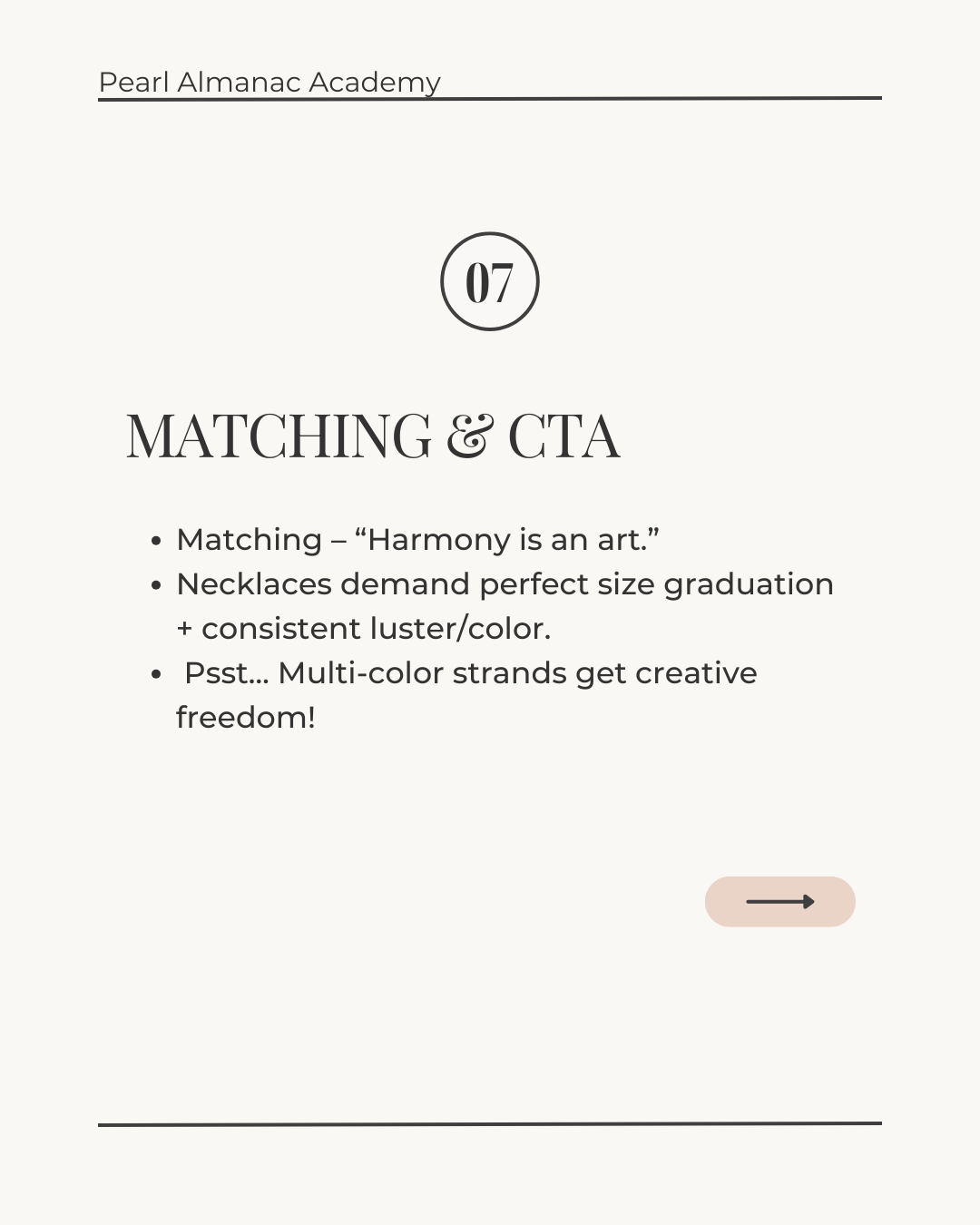 Text on a white background about matching necklaces and creative freedom with multi-color strands, from Pearl Almanac Academy.