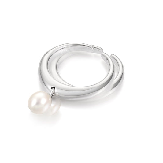 Silver ring with a white pearl on a white background