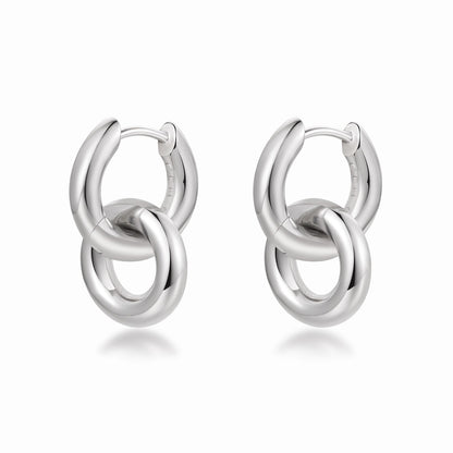 Pair of Rhodium-plated silver double hoop earrings on a white background