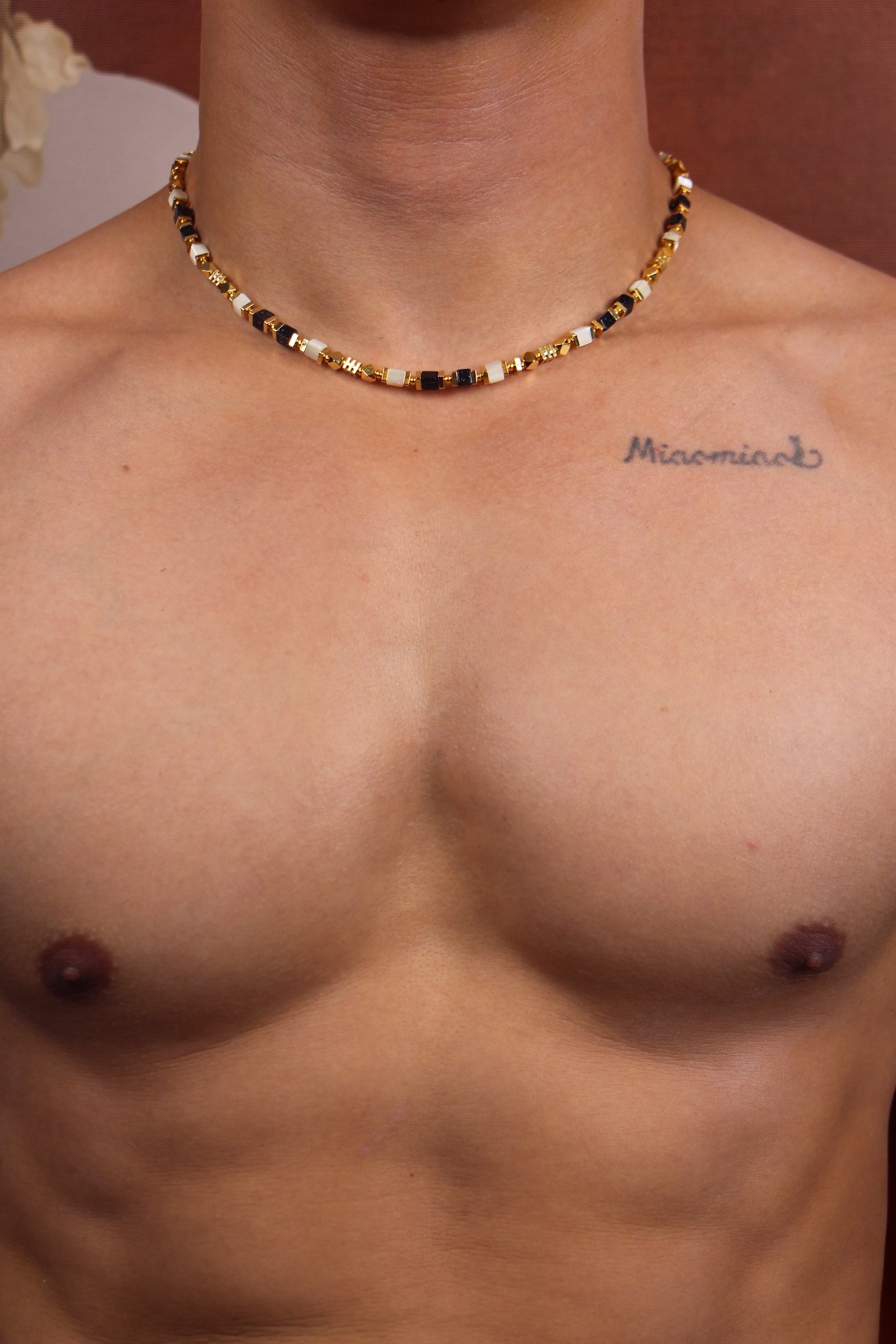 Men wearing colorful agate gemstone necklace