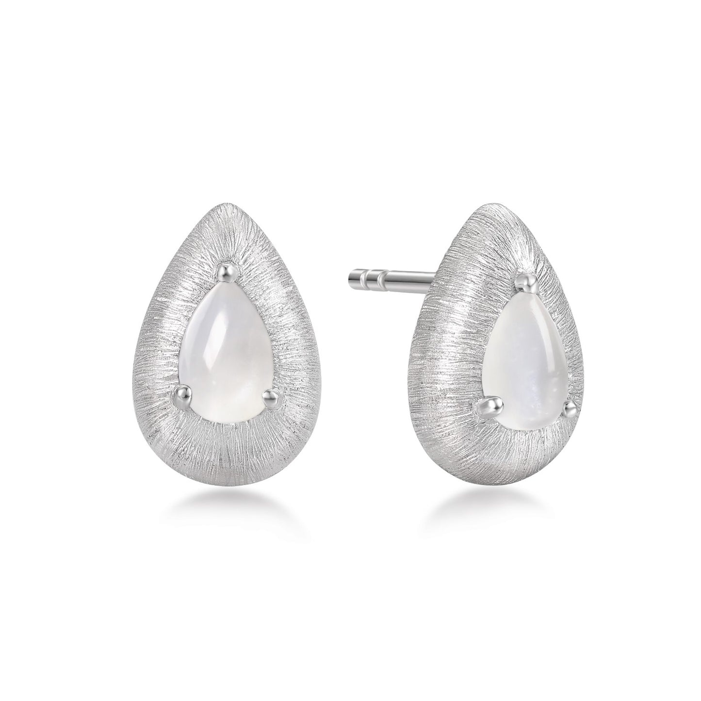 Teardrop-shaped silver earrings with a white agate gemstone on a white background