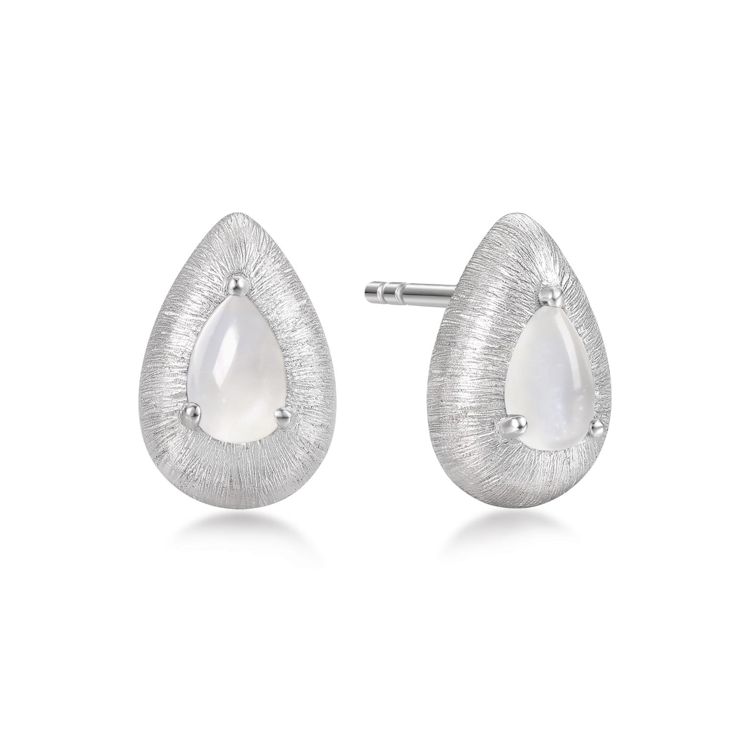 Teardrop-shaped silver earrings with a white agate gemstone on a white background
