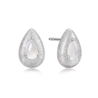 Teardrop-shaped silver earrings with a white agate gemstone on a white background