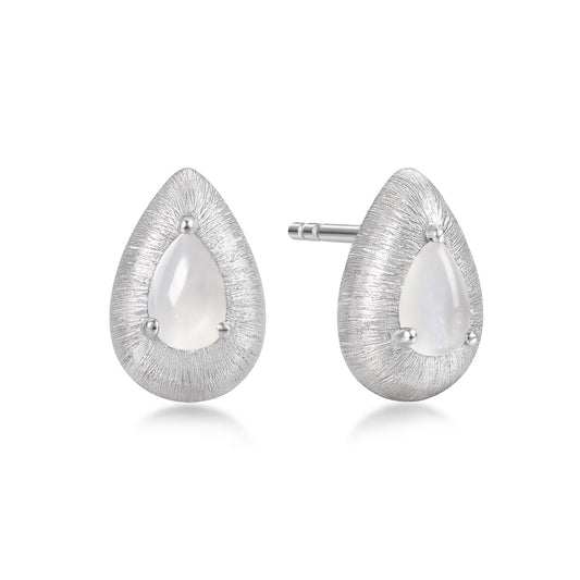 Teardrop-shaped silver earrings with a white agate gemstone on a white background