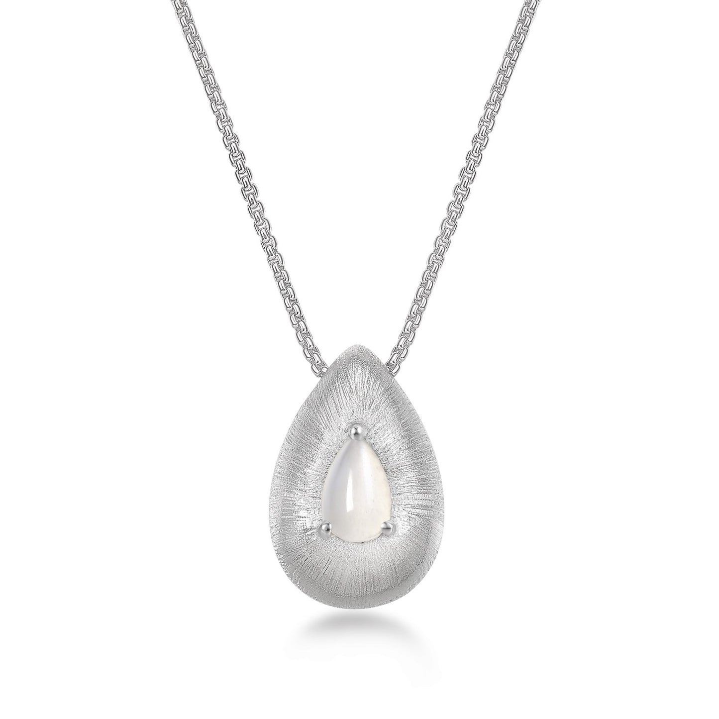 Silver teardrop pendant necklace with a white agate gemstone on a white background
