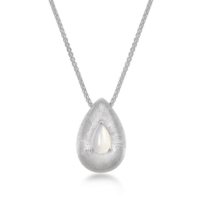 Silver teardrop pendant necklace with a white agate gemstone on a white background
