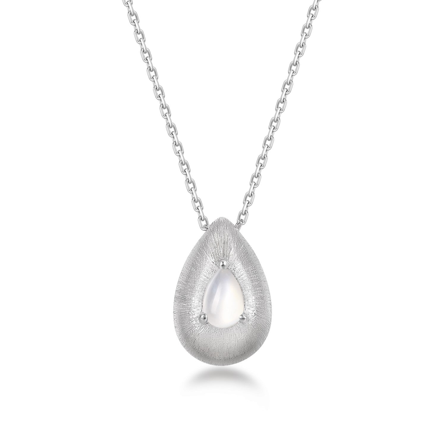 Silver teardrop pendant necklace with white agate gemstone on a white background