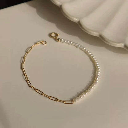 White Freshwater Pearl Bracelet - Half Tide Half Flame featuring pearls and gold-plated chain.